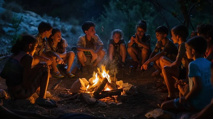 Outdoor Adventure: A warm, glowing campfire with people sitting around it, sharing stories or roasting marshmallows.