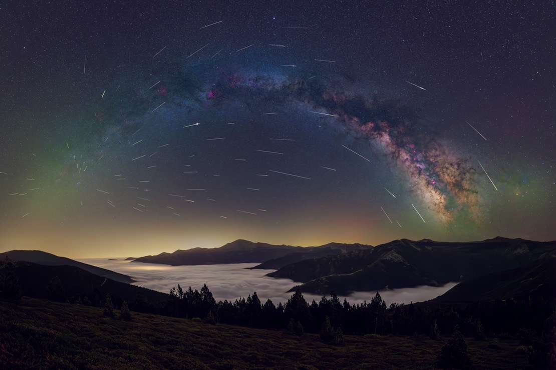 A vast, star-studded night sky, possibly featuring the Milky Way, framed by trees or mountains.