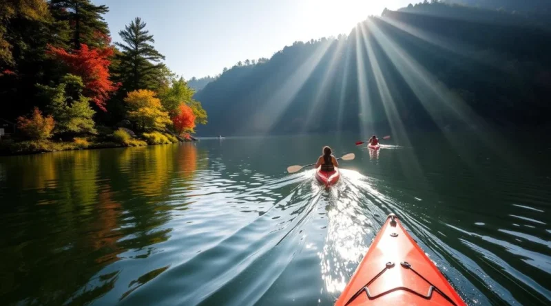 Outdoor Adventure: Kayakers or paddleboarders on a calm lake with a stunning backdrop of hills or forests.